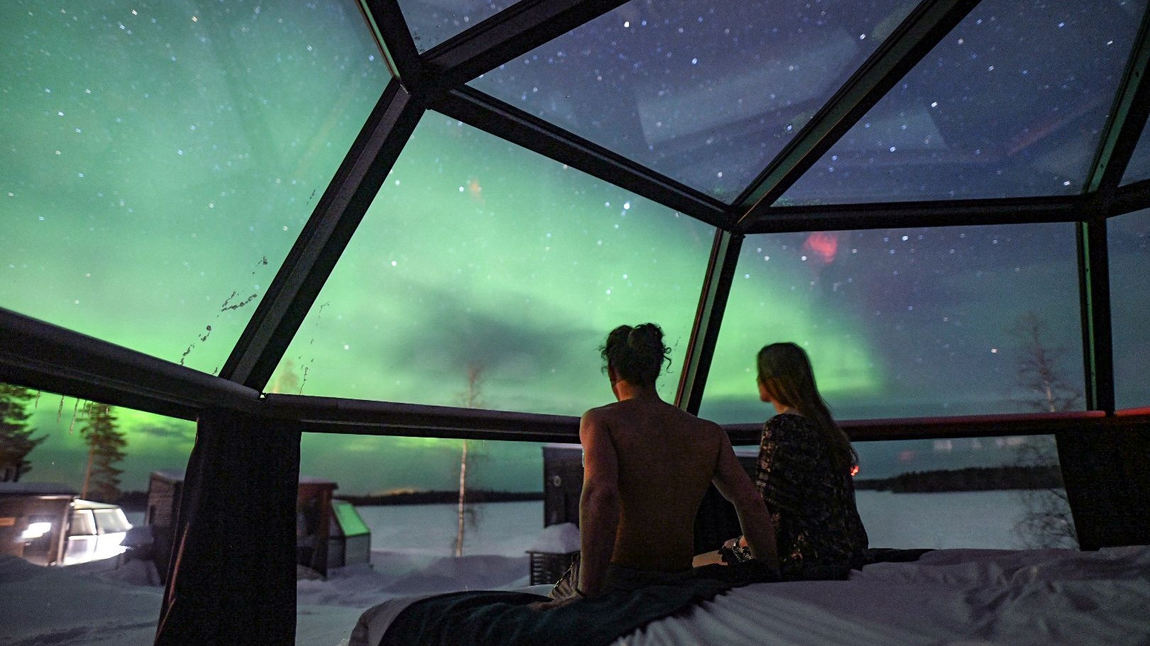 Ski lodge hotel in Sweden Lapland with glass igloo view